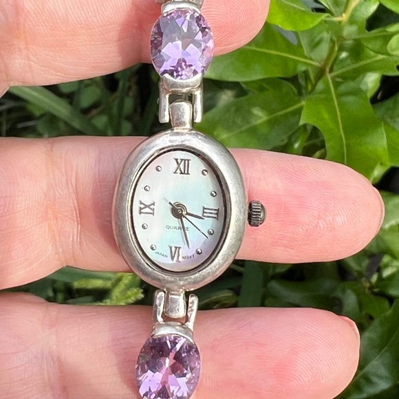 VINTAGE AMETHYST WRISTWATCH 925 STERLING MOTHER OF PEARL DIAL WORKING UNIQUE
